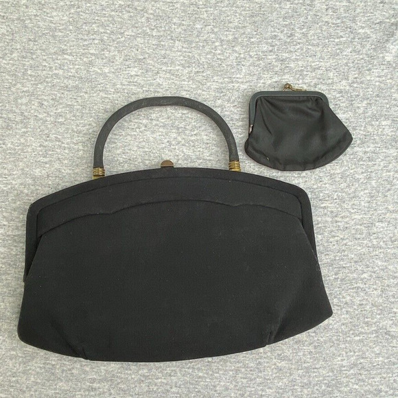 Vintage Purse Black Mid Century Coin Pouch Top Handle Formal Evening Bag Handbag - Picture 1 of 8
